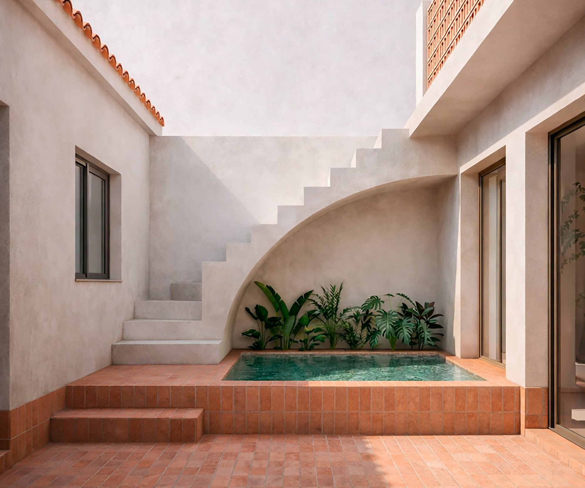 Casa Ardilla — patio interior con escalera y lámina de agua.